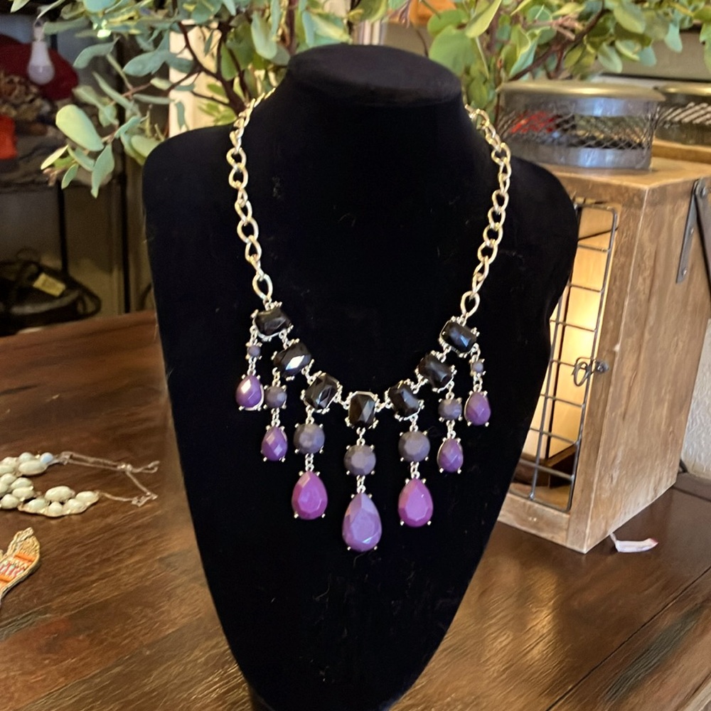 Fashion necklace, Statement black and purple jewels.